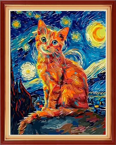 Image of Foxhool Stamped Cross Stitch Kits,11CT Printed Cross Stitch Pattern Full Embroidery Kits for Beginner Needlepoint Kits-Cat Van Gogh Starry Sky 16x20 inch