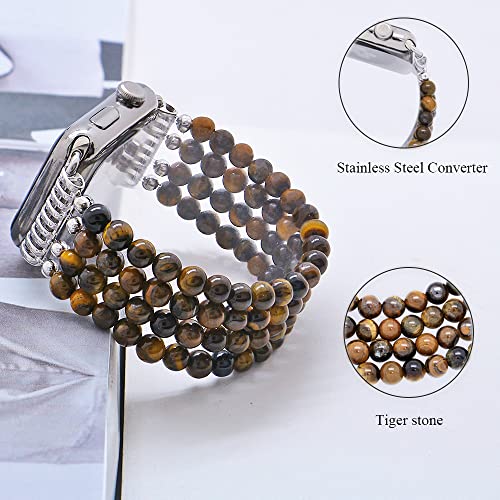 Kai Top Compatible With Apple Watch Band 38Mm 40Mm 41Mm, Tiger's Eye Natural Stone Beaded Band For Women Girls, Handmade Elastic Stretch Replacement Band For Iwatch Ultra Se Series 8 7 6 5 4 3 2 1 #TOP1