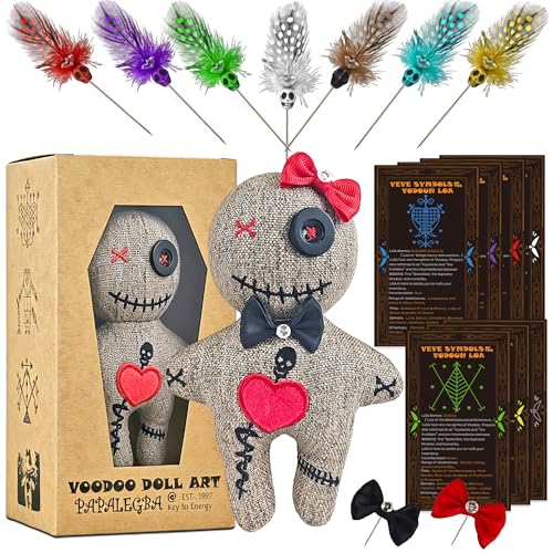PapaLegba 8 Voodoo Doll Art Set with 7 Color Stress Relief Feathered Skull Pins & Loa Positive Energy Spell Cards Dammit Creepy Ghost Doll for Halloween Party Decor Prank Gifts