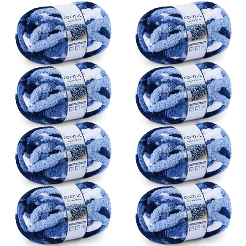 Cozyful Chunky Yarn for Hand Knitting - #10 Chunky Chenille Blanket Yarn Jumbo Big Thick Chunky Yarns for Crocheting Tie Dye Bulky Knit Yarns 8 Skein (20 yds 8 oz Each Skein) Multi Blue & White