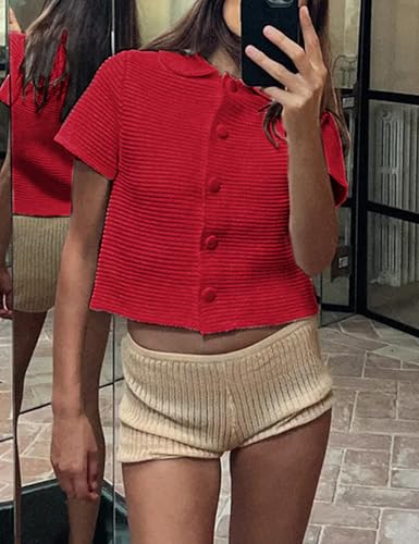 Tanming Womens Cardigan Sweaters Soft Chunky Knit Top Short Sleeve Button Loose Outerwear Sweater4