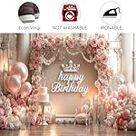 Pink Happy Birthday Backdrop, Elegant Princess Theme Party Decoration with Rose Gold Balloons & Crown, Photography Background Banner for Girls Women Birthday Party Photo Booth Props, 7ft x 5ft - Image 5