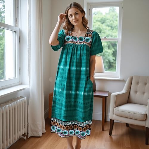 Women's Short Sleeve Teal Lounger House Dress - Contrast Yoke and Hem with Pockets2