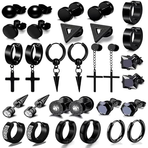 JSTHHTT 15 Pares Pendientes Hombre, Piercing Ear Bisel Redondo, Pendientes Negro para Hombres, Cruz Colgante Set | Ya disponible en tu tienda friki favorita! En mundofriki.es!