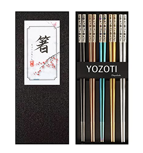 YOZOTIステンレス箸、銀の再利用可能な箸、5ペアの食器洗い機で安全な金属製の箸、使いやすい、正方形の軽量箸、ギフトセット (5色)（Amazon）