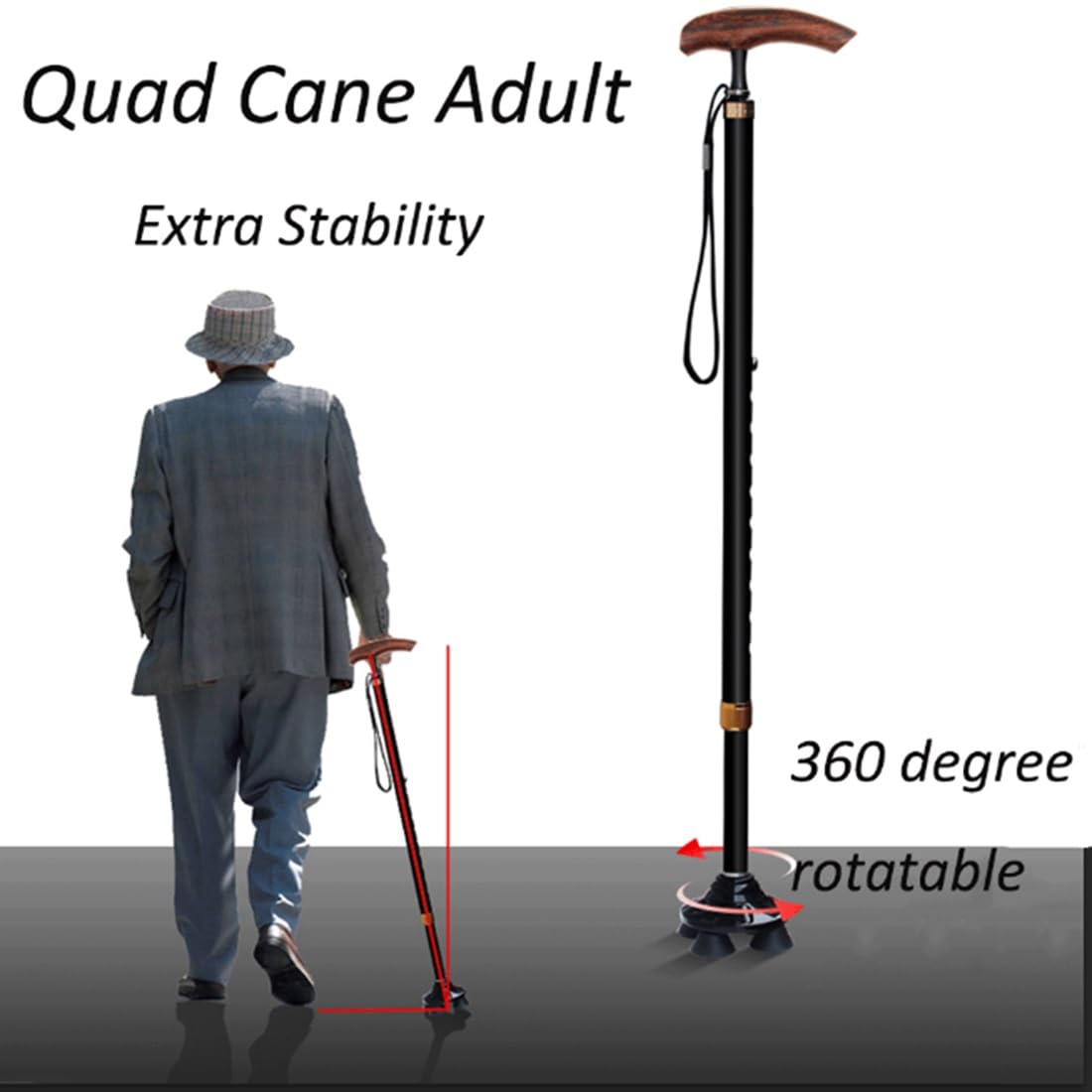 Bastone Quadripode in Alluminio per Anziani, Regolabile in Altezza Supporto Stabile e Sicuro per Passeggio