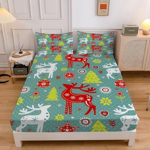 トナカイダブルベッド シーツクリスマスツリーベッドカバー柔らかい通気性マイクロファイバー 3点セット防ダニ高反発 吸水 速乾 抗菌 防臭 防ダニと 2 枕カバー43x63 cm着脱簡単 丸洗い可能 マットレスカバー140x200x30 cm
