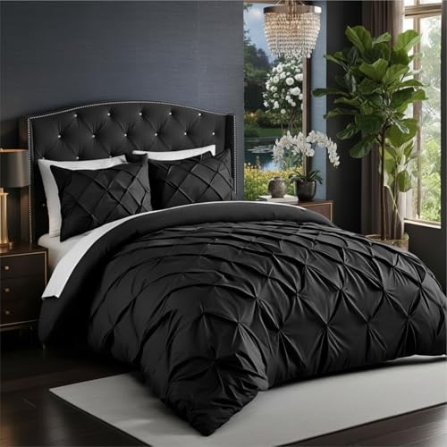 Image of Pinch Pleated Duvet Cover Set 1000TC 100% Cotton Premium 3-Pieces 1-Duvet Cover & 2-Pillow Cover Luxury Look Home and Hotel Zipper & 8-Tie Closure (Black, Queen 90 X 90 Inch)