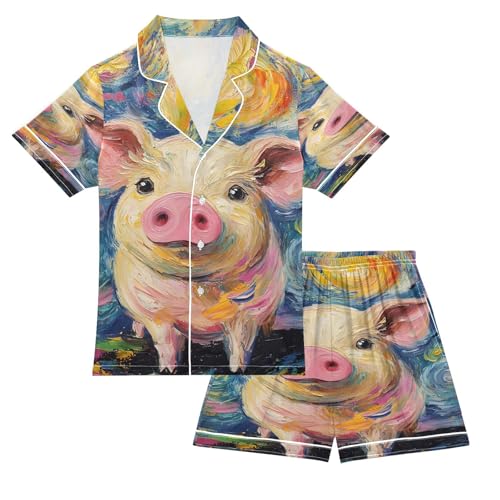 ALAZA Starry Sky Pig Van Gogh Satin Pajamas Set Short Sleeve Button Down Sleepwear Summer Pjs 2 Piece