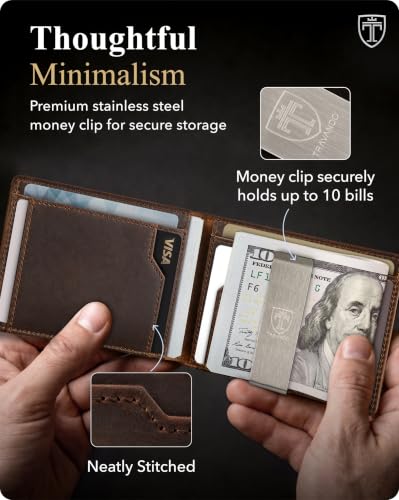 Image of TRAVANDO Money Clip Wallet - RFID Protected Leather Wallet for Men for 11 Cards - including Gift Box (Brown Vintage)