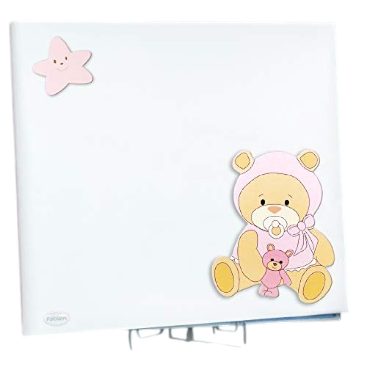 Albalù Album Prima Infanzia Rosa Senza Interno con Applicazione Legno Orso Ciuccio - Album Ricordo Nascita e Battesimo Bambina Made in Italy