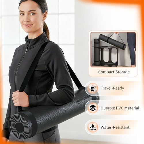 Image of Amazon Basics PVC Yoga & Exercise Mat with Carrying Strap | 6 mm Thick | Non-Slip Textured Surface | Lightweight & Durable | Floor Protection | Ideal for Home, Gym, Studio & Outdoor Workouts | Black