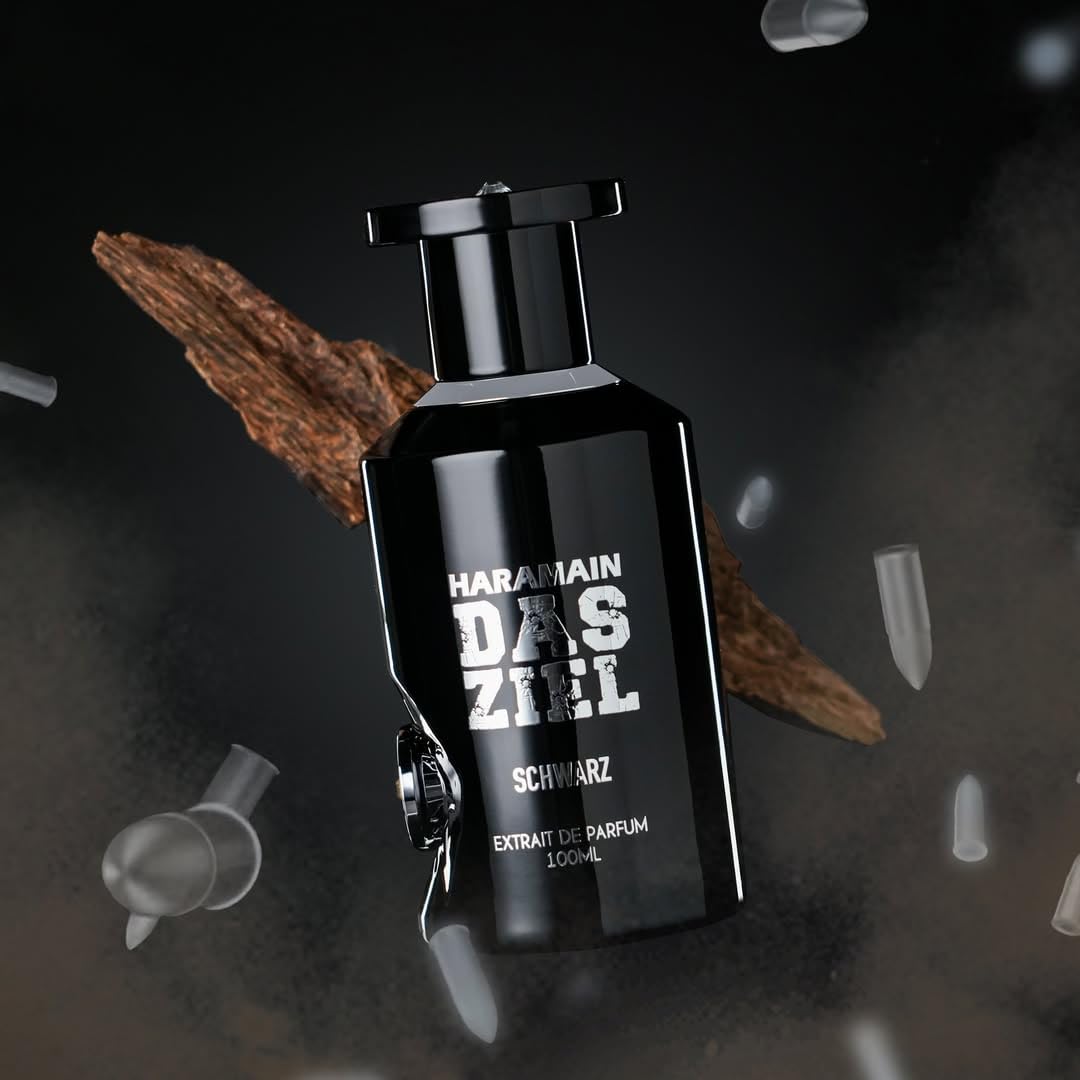 Al Haramain Das Ziel Schwarz Extrait de Parfum 100 ml | Perfume ámbar amaderado intenso para mujeres y hombres | Fragancia árabe de larga duración con aroma oscuro, audaz y misterioso