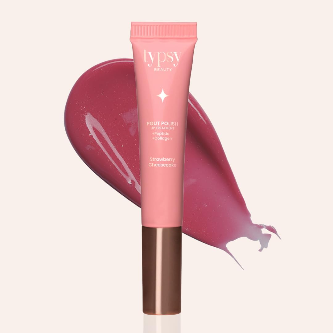 Typsy Beauty Pout Polish Peptide Lip Treatment Tinted Balm-Strawberry Cheesecake |Plump lips with hydration|Lip Balm for Dry and Chapped lips|Lip Balm for men & women|Pink with shimmer |8g