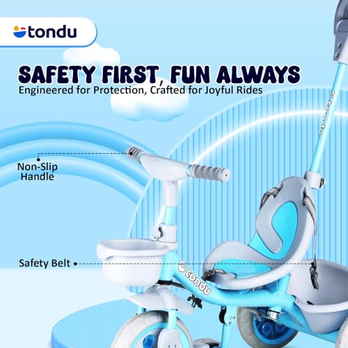 Image of TONDU Kiddo Tricycle for Kids /Baby with Storage Basket | Seat Belt with Parental Control Baby Tricycle (Blue)
