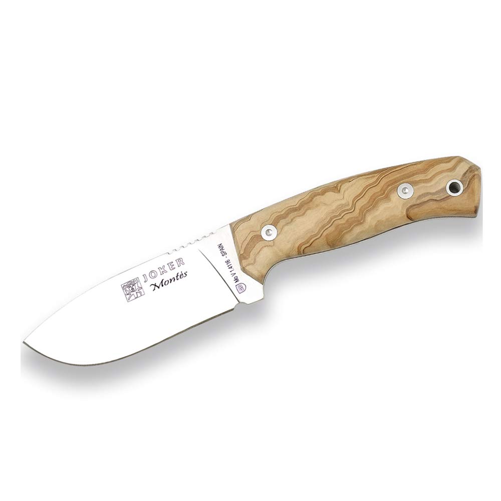 Joker CO59 Montés Jagdmesser mit Vollzapfen, Griff aus Olivenholz, braune Lederscheide, 10,5 cm Klinge, Werkzeug für Fischerei, Jagd, Camping und Trekking
