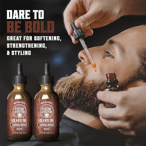 Image of Viking Revolution Sandalwood Beard Oil for Men - Natural Mens Beard Oil with Argan Oil and Jojoba Oil - Beard Softener, Strengthens and Moisturizes - Beard Conditioner for Men (Sandalwood, 2 Pack)