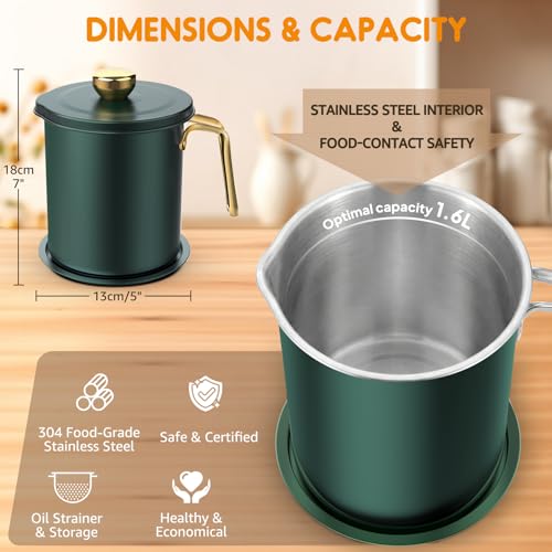Image of Chihee Oil Strainer Pot Grease Can 2 L Stainless Steel Oil Storage Can Container with Fine Mesh Strainer Dust-proof lid Non-slip Plate Suitable for Storing Frying Oil and Cooking Grease