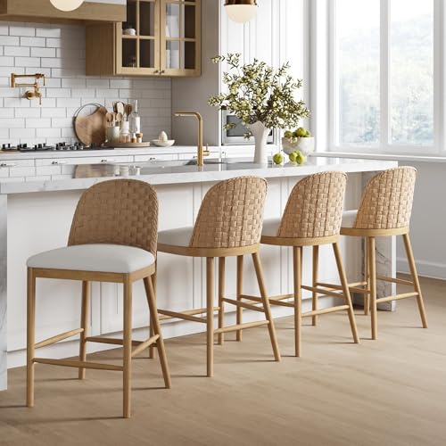 Image of Nathan James Rikki Seagrass Bar Stool with Back, 4-Pack Boucle Counter Stool with Upholstered Seat, Solid Wood Frame, and Woven Seagrass Backrest