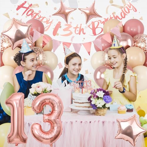 Image of 13th Birthday Decorations for Girls, Retro Pink Number 13 Balloon Set Happy 13th Birthday Banner Cake Topper Dusty Pink Beige Nude Rosegold Star Balloons for Boho 13 Year Old Bday Party Decoration