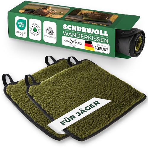 Novaliv 2er Set Sitzkissen Jagd 38 x 38 cm Moosgrün, Bequeme Ansitzkissen mit PA-Rückseite wasserabweisend, Schurwolle Oben, wärmend & atmungsaktiv, für Hochsitz, Kanzel, Pirschpause, Outdoor