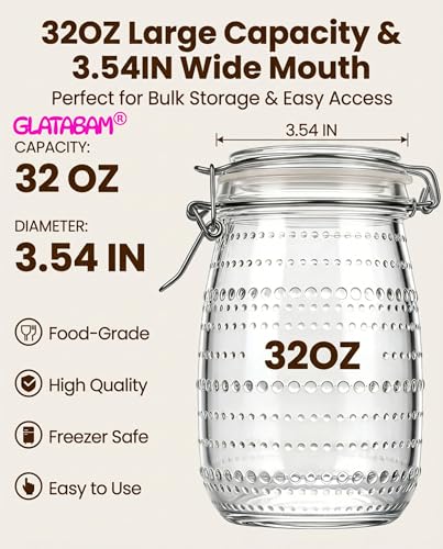 Image of 32 OZ Glass Mason Jars with Airtight Clip-Top Lids 6 Pack, Wide Mouth Reusable Glass Storage Jars for Kitchen Pantry, Pickling, Jam, Coffee Beans & Meal Prep (32 oz)