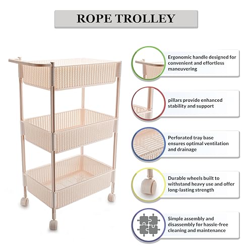Image of Nayasa Rope Trolley 3 Layers | Kitchen Organizer | Kitchen Shelf Organizer | Vegetable Basket for Onion,Potato | Vegetable Trolley with Wheels | Ivory