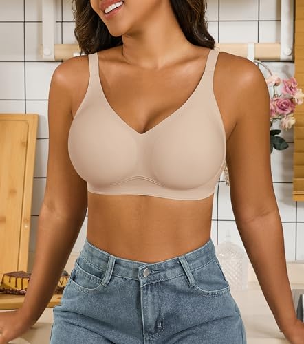 Image of Xcutting Bra for Women Wireless No Underwire Seamless Full Coverage Deep V Bralettes Everyday Comfortable Soft