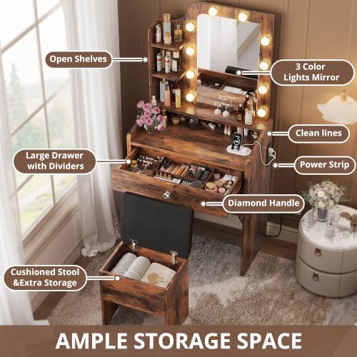 Image of LIKIMIO Small Vanity Desk with Mirror Lights, Storage Stool, Vintage Brown