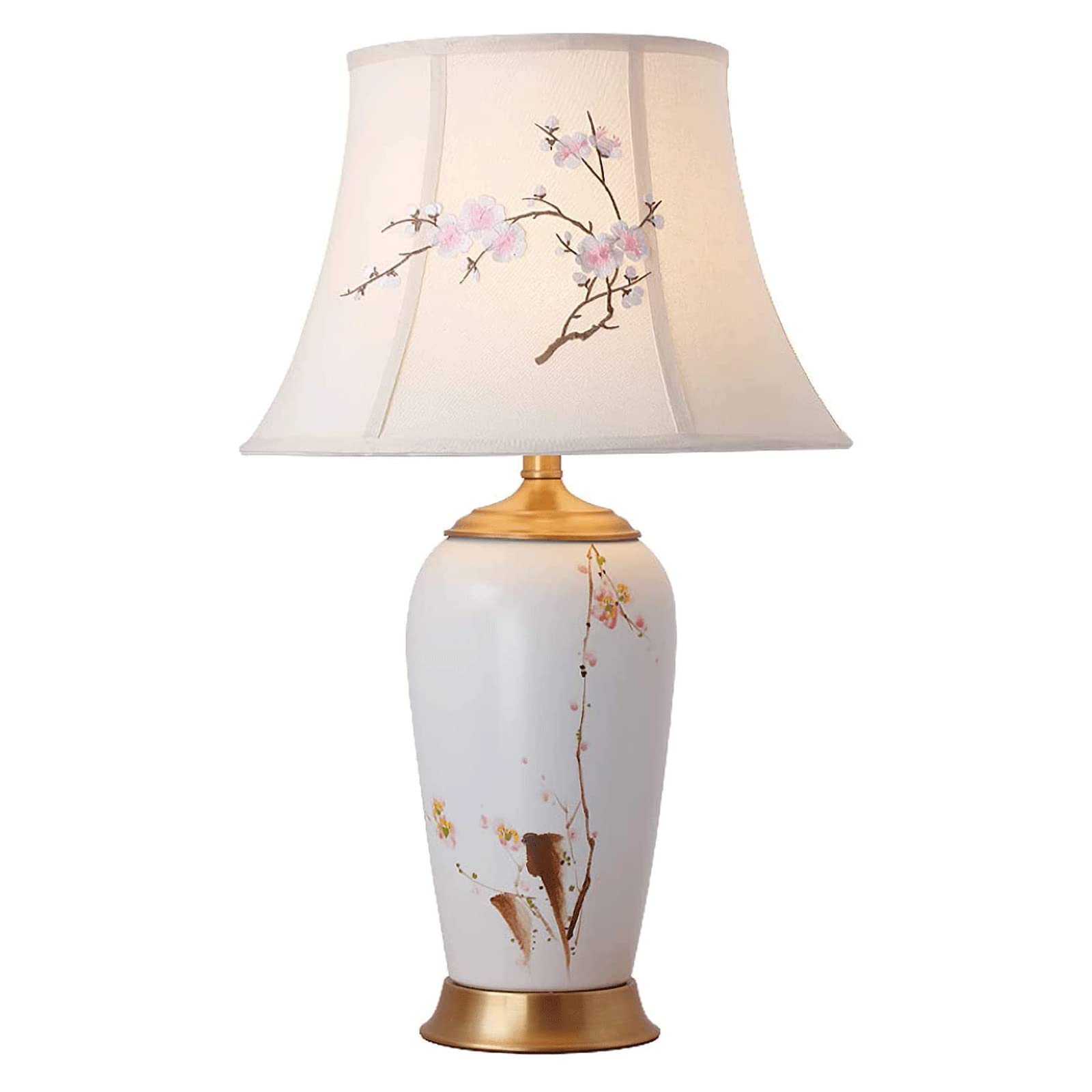 asdchZen Table Lamp Chinoiserie White Ceramic Table Lamp Hand Painted Winter Plum E27 Bedside Desk Lamp Linen Lampshade With Copper Base For Bedroom Living Room Office Hallway Kit