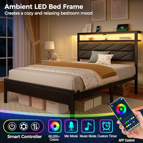 Seventable Bed Frame Twin Size with Charging Station, LED Bed with Upholstered Storage Headboard, Metal Platform Bed with Under Bed Storage, No Box Spring Needed, Noise Free, Easy Assembly, Grey
