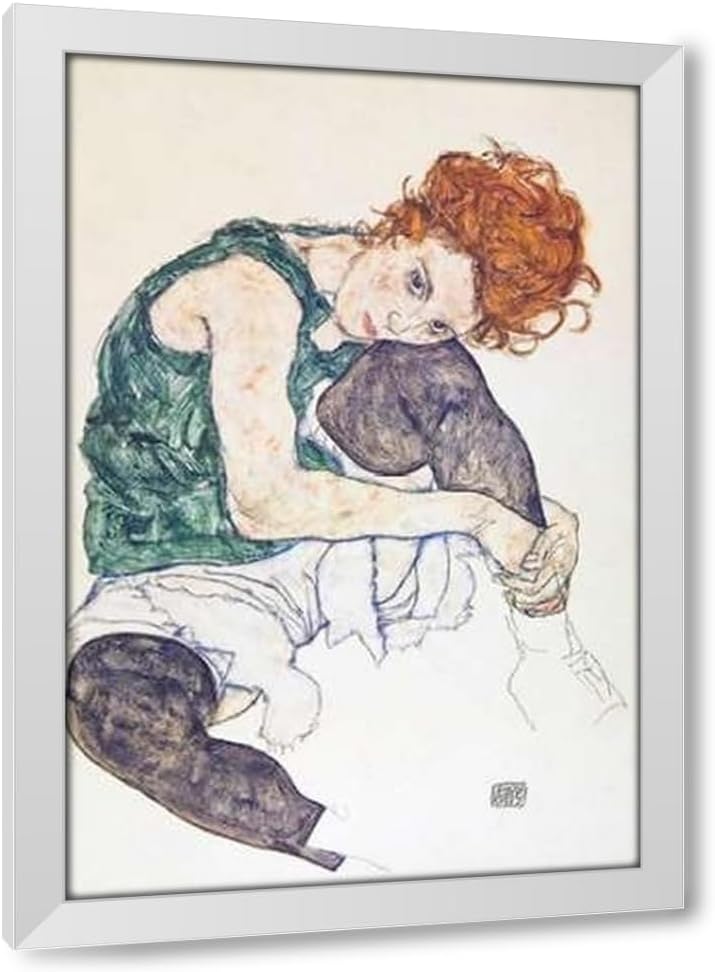 ArtDirect Seated Woman With Bent Knee 28x40 XL Gold Ornate Wood Framed Canvas Giclee Art by Schiele, Egon