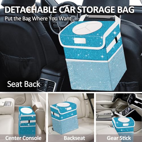 Image of Car Trash Can for Car, Cute Mini Car Trash Bag with Lid, Glitter Car Garbage Can Bin Hanging for Back /Front Seat /Console, Waterproof, Leakproof, 2.5 Gallon, Blue Bling Sparkly