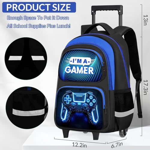 Boys Rolling Backpack for Kids - Gamer Boys Rolling Backpack with Wheels, Multifunctional Wheeled Bookbag for Elementary Middle School, Lightweight Travel Roller Bag3