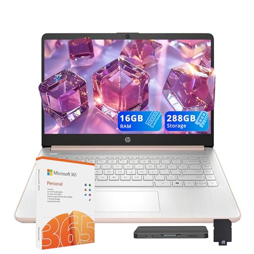 HP Stream 14インチ超軽量ノートパソコン 学生&ビジネス用 Intelプロセッサー N150 16GB RAM、288GBストレージ (128GB UFS+160GBドッキングステーションセット)、1年間のOffice 365、Wi-Fi 6、C