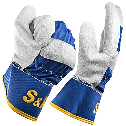 S&R Leather Work Gloves - 4 works, Size XL/10, white / blue / yellow - Image 2