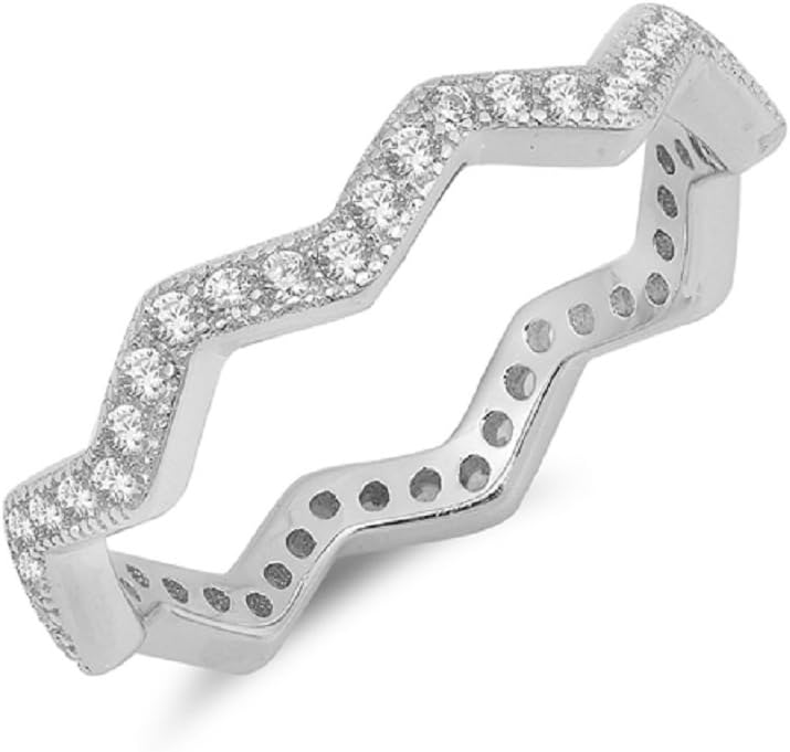 Clear Cubic Zirconia Eternity Zig Zag Band Ring Sterling Silver