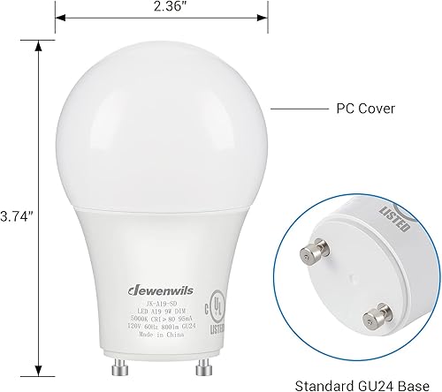 Miniatura 7 de DEWENWILS Bombilla LED GU24, equivalente a 60 W, bombillas regulables de 2 puntas, luz blanca diurna de 5000 K, 9 W 800 lúmenes, bombillas en forma
