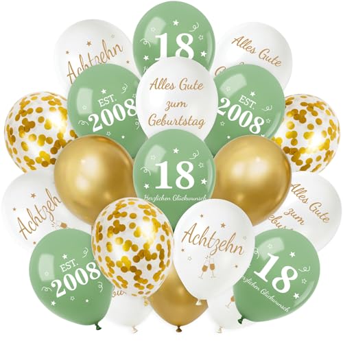 Smlper 30 Stück Luftballons Deko 18. Geburtstag 18er Deko Junge Mädchen Luftballons Salbeigrüne Gold Happy Birthday Latex Ballons Alles Gute zum Geburtstag Geburtstagsdeko Konfetti Ballon Party