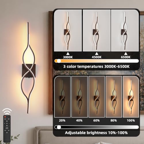 Image of Battery Operated Wall Sconces Set of 2, Walnut 31.4'' LED Dimmable Wall Sconce with Remote Control, Adjustable Color Temperature Brightness for Living Room Bedroom and Hallway Rechargeable Lighting