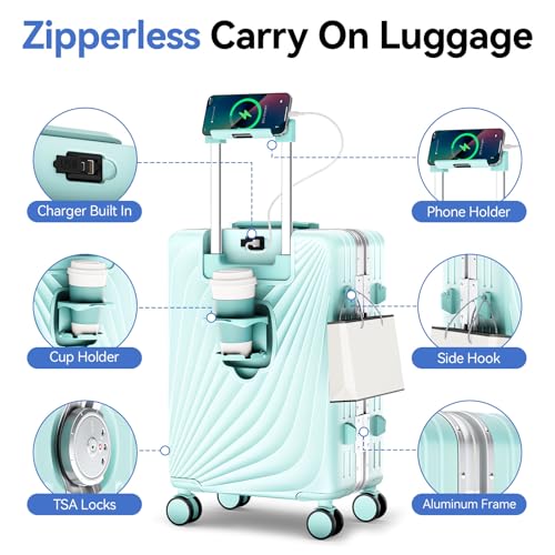 Image of Carry On Luggage, Hardside Zipperless Suitcase, Mint Green, 20 in | Airline Approved, Aluminum Frame, TSA Lock, 360Spinner Wheels, PC, Charger Port, Cup and Phone Holder, Side Hook
