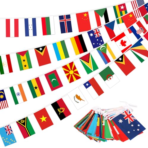 MONCAP 15M Länder Fahnenkette Länder Fahnen Wimpelkette 50 Länderflaggen Olympische Deko Flaggenkette Länder Wimpel Girlande für Fußball Party Sportvereine Garten Bar