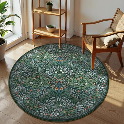 4ft Dark Green Floral Boho Rug