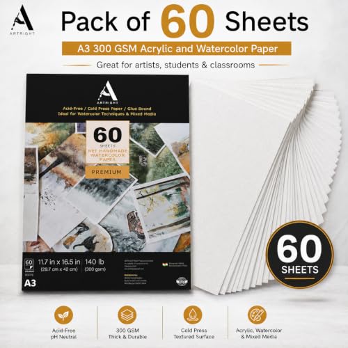 Image of ArtRight Artists' Acrylic Paper (A3 Pack of 60 Sheets, 300 GSM); 300 GSM Handmade Sheets for Gouache & Acrylic Media Papers