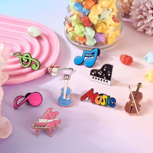Image of 9Pcs Music Theme Enamel Pins, Musical Instrument Alloy Brooches, Colorful Guitar Piano Violin Word Musical Note Brooch Badges for Music Lovers Backpack Bags Hats Clothes Decor Supplies