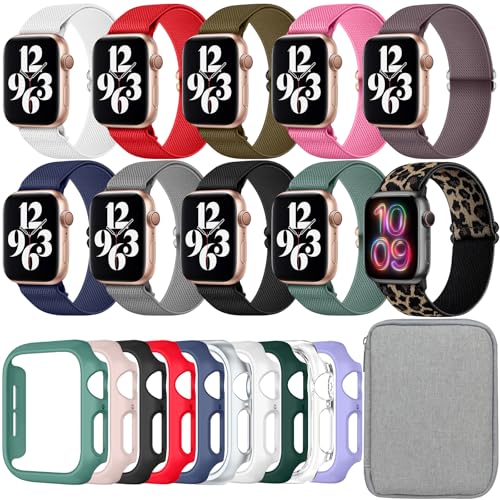 伸縮性ソロループ Apple Watch用バンド 10本パック 40mm 41mm 42mm 44mm 45mm 46mm PCプロテクターケースと収納バッグ付き 編組弾性ナイロンストラップ iWatchシリーズ10 9 8 7 6 5 4 3 SE/2用の商品画像（Amazon）