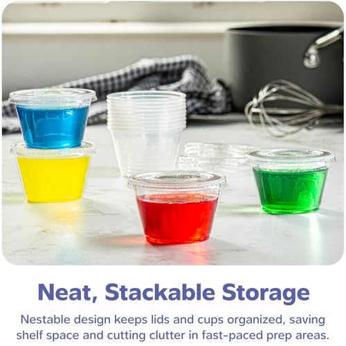 Image of GUSTO 4 oz Jello Shot Cups with Lids [100 Count] Clear Plastic Portion Containers, Condiment Cups for Sauces, Dressings & Samples - Durable, Stackable, Leak-Resistant (Formerly Comfy Package)