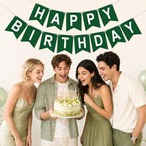 Image of Happy Birthday Banner Party Banner NO DIY Birthday Sign Dark Green