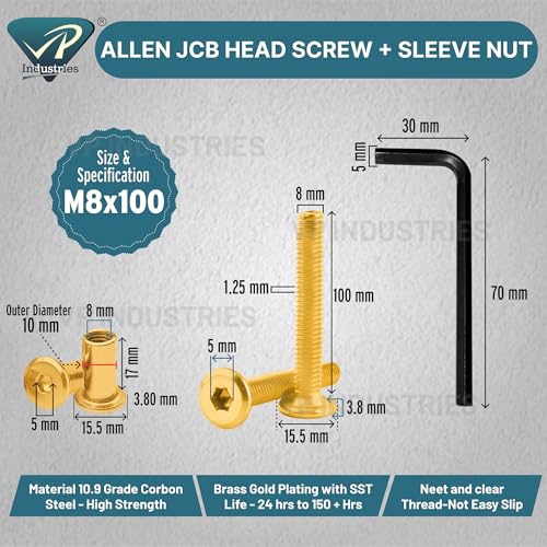 Image of Rely⇒VP INDUSTRIES (Combo Set -20 Pcs) M8x100 mm Gold Allen JCB Screw with JCB Female Sleeve Barrel Nut + Allen Key 1 pc | Fastener for Joining Wood Boards, Cabinets, Cupboards,Chairs & Beds