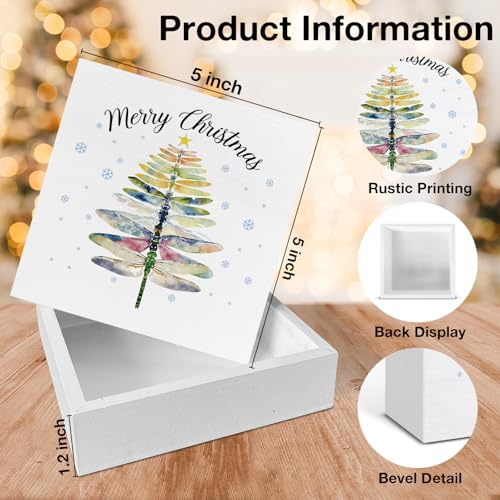 Image of Dragonfly Christmas Decor, Merry Christmas Wood Box Sign, Dragonfly Gifts for Women Men, Farmhouse Xmas Home Office Decorations for Desk Table Shelf 5 X 5 Inches